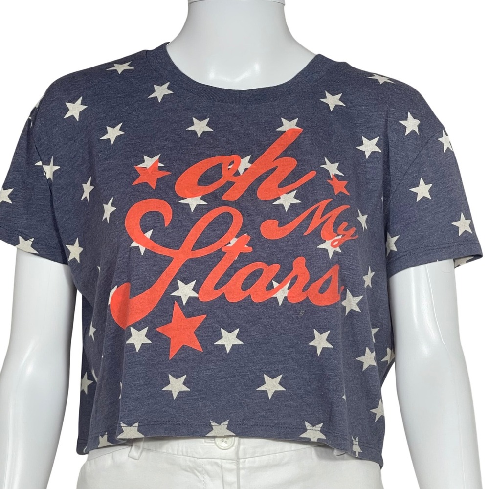Womens Small Navy Star Print Cropped Graphic Tee Crop Top Patriotic Americana